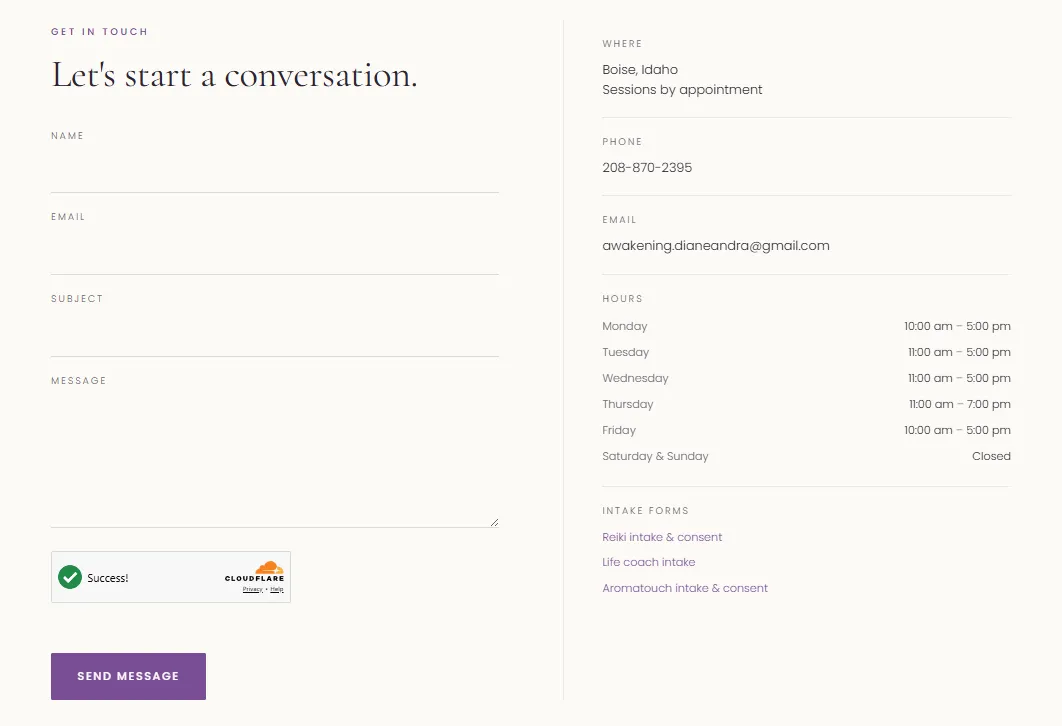 Contact page with Cloudflare Turnstile-protected form beside structured business hours, phone, email, and intake form links