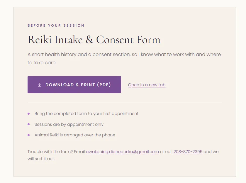 Reiki intake and consent form card with download-and-print PDF button and pre-session expectations
