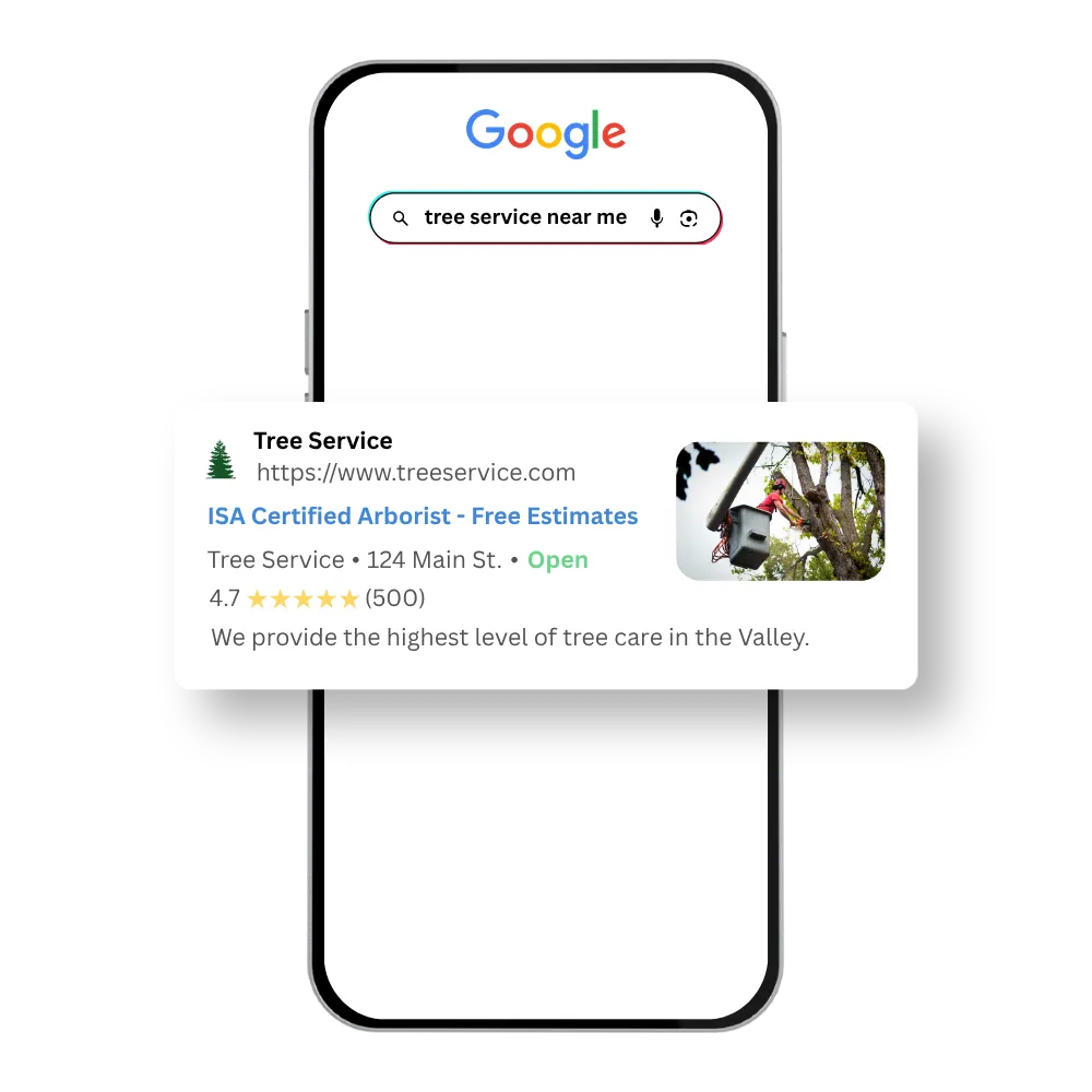Mobile phone showing a top-of-search Google Ads listing for a tree service business