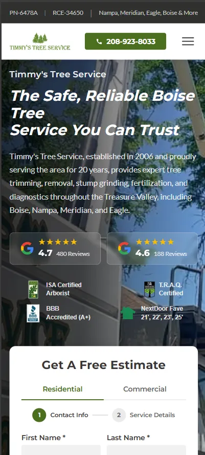 Timmy's Tree Service mobile layout showing trust badges and estimate form above the fold