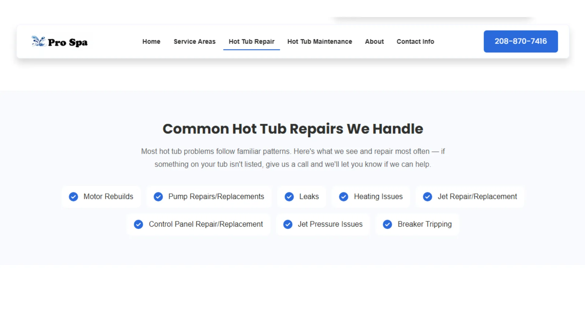 Common hot tub repairs section with chip-style service badges