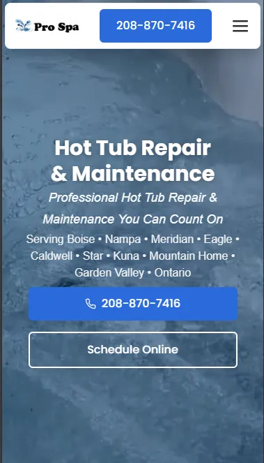 Pro Spa mobile homepage showing stacked layout with prominent CTAs