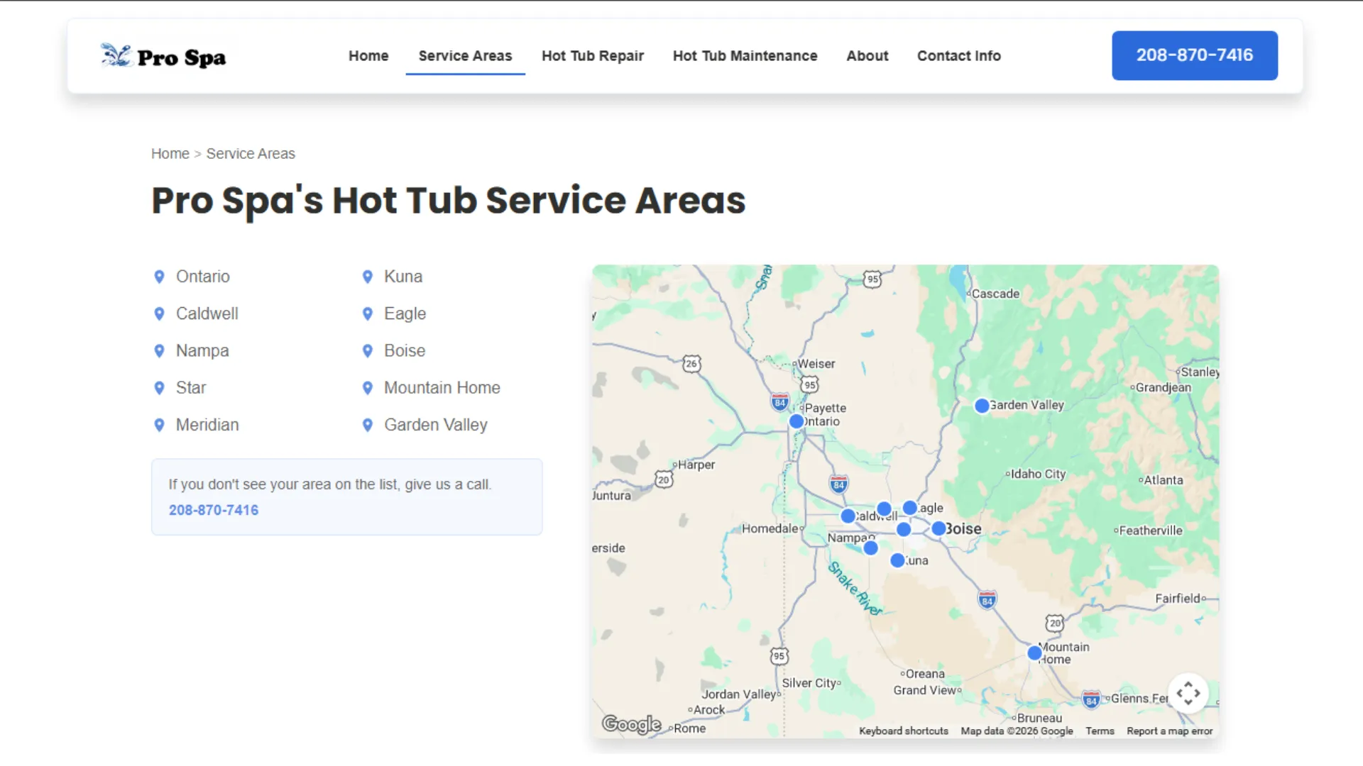 Service areas page with interactive map and city list