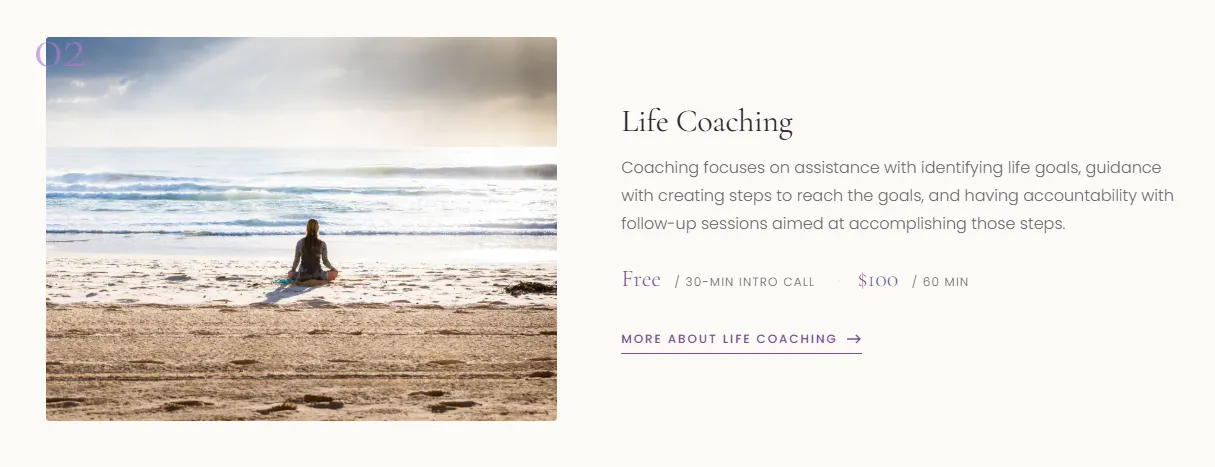 Life coaching service card with description and transparent pricing — free 30-minute intro call, $100 per 60 minutes
