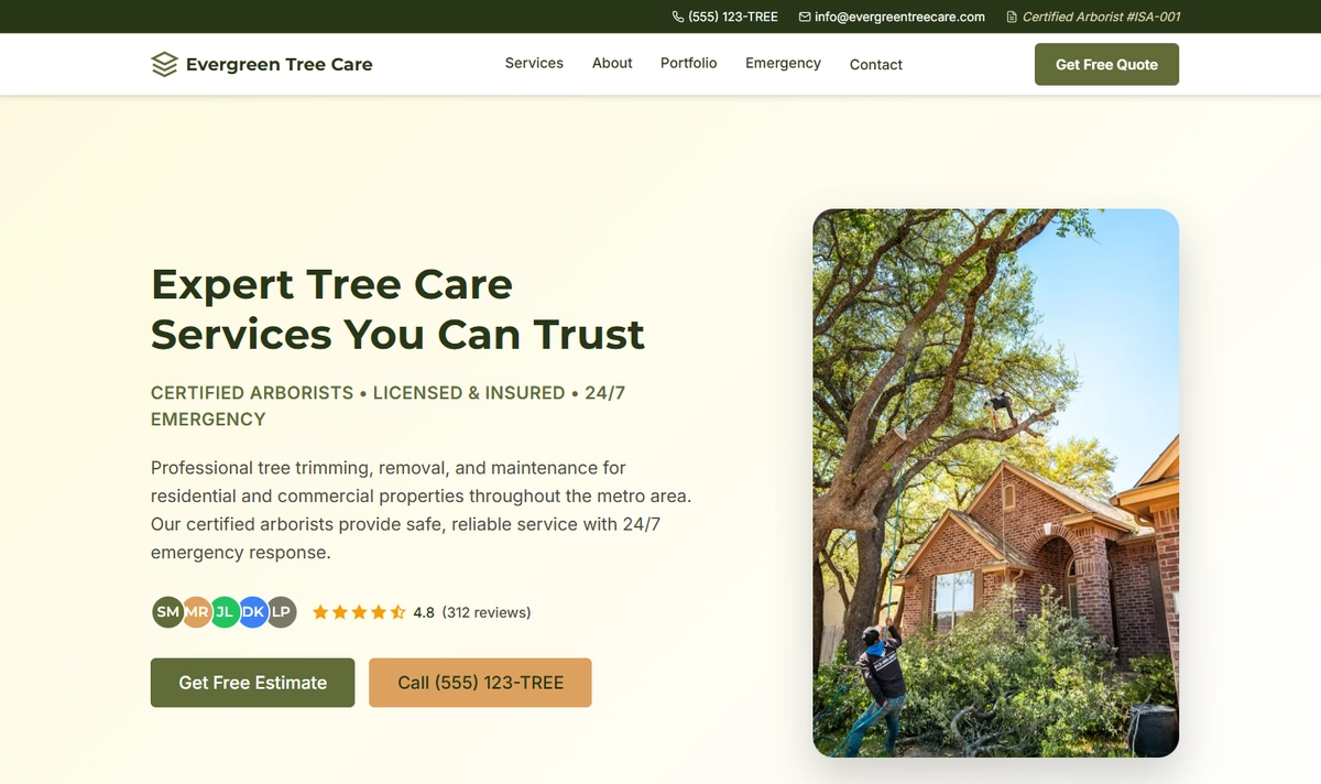 Screenshot of Evergreen Tree Care website