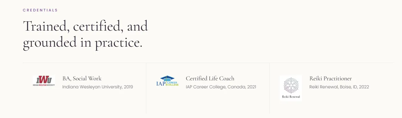 Credentials section showing BA in Social Work, Certified Life Coach, and Reiki Practitioner with issuing institutions and years